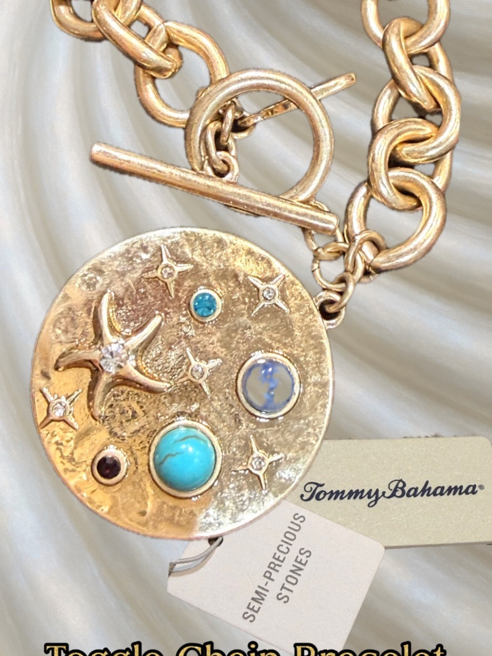 Tommy Bahama NWT GOLD CHAIN BRACELET Toggle Coastal Sea life Medallion Charm